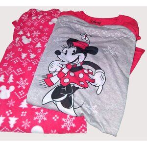 Disney Minnie Mouse Pajama Set S Pink & Gray Snowflake Holiday Theme 100% Polyes